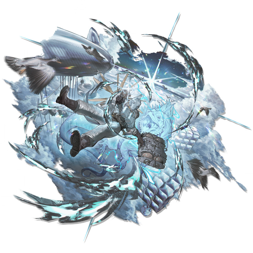 1boy, absurdres, aircraft, airship, arknights, belt, bird, black_belt