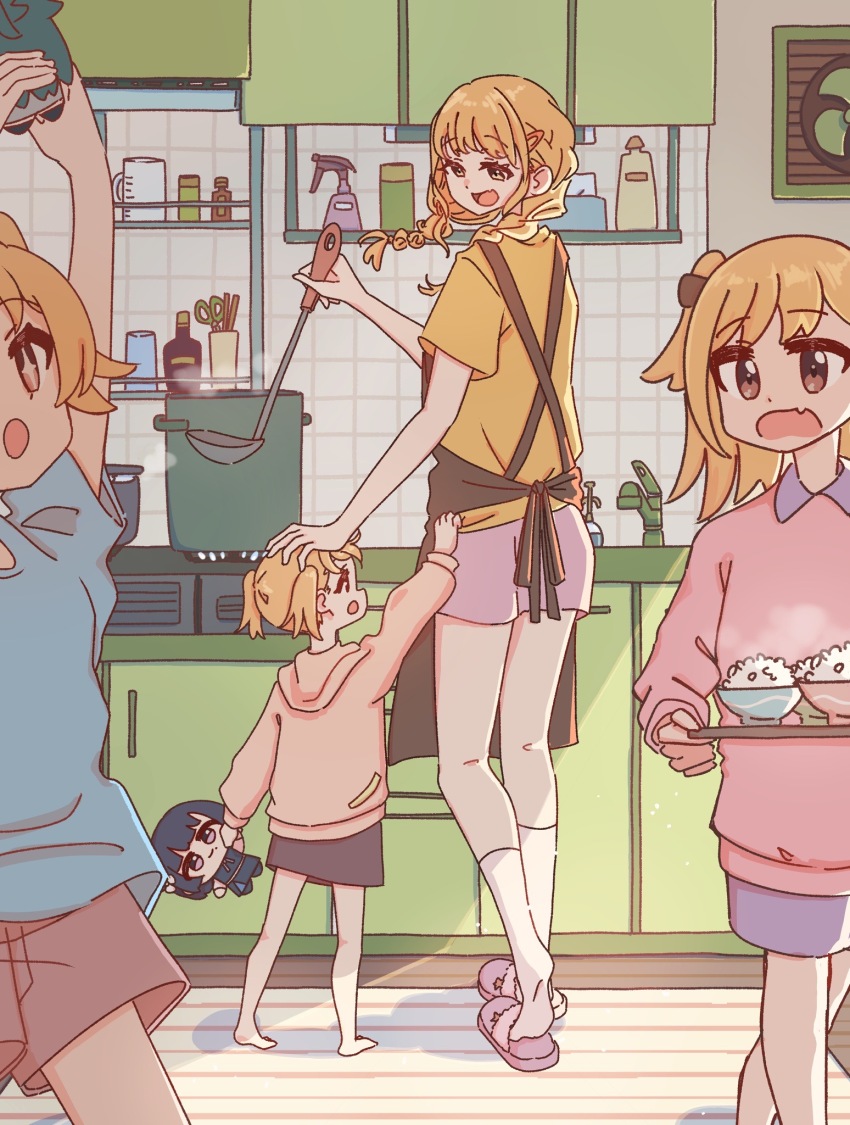 +_+, 4girls, apron, blonde_hair, bowl, braid, brown_apron, character_doll