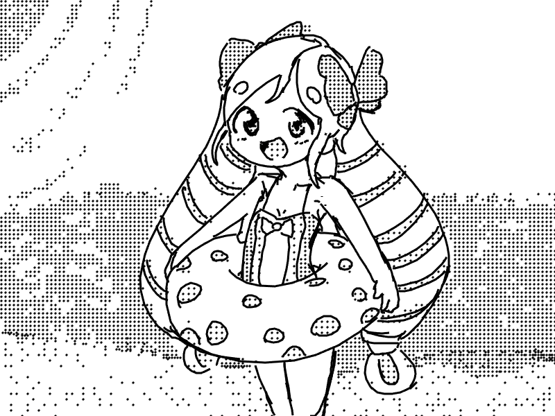 1girl, beach, biw, bow, elise_(fire_emblem), elise_(tropical_flower)_(fire_emblem), fire_emblem, fire_emblem_fates, floors, hair_bow, innertube, looking_at_viewer, monochrome, nintendo, ocean, one-piece_swimsuit, solo, swim_ring, swimsuit, twintails