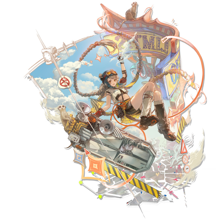 1girl, arknights, arm_strap, armband, artist_request, asymmetrical_gloves, asymmetrical_legwear, asymmetrical_sleeves, aviator_cap, aviator_goggles, belt, belt_pouch, billboard, black_boots, black_gloves, black_shorts, blonde_hair, blue_hat, boots, braid, broken_goggles, cairn_(arknights), caution_tape, climbing_rope, cloud, cloudy_sky, collared_shirt, cropped_shirt, detached_pants, double_bun, elbow_pads, fang, fingerless_gloves, flag, flying, full_body, gloves, goggles, goggles_on_headwear, hair_bun, hat, highres, holding, holding_shield, knees_together_feet_apart, long_hair, looking_at_viewer, map, meerkat, meerkat_ears, meerkat_girl, meerkat_tail, megaphone, miniskirt, mismatched_gloves, mismatched_legwear, multiple_braids, necktie, official_art, open_mouth, orange_belt, orange_eyes, orange_rope, outdoors, pleated_skirt, pouch, red_armband, red_gloves, ribbed_socks, road_sign, rope, rope_belt, scar_on_hip, scout_movement, scout_uniform, shield, shirt, shorts, shorts_under_skirt, sign, single_elbow_pad, single_sock, skirt, sky, smile, socks, solo, suspender_shorts, suspenders, third-party_source, torn_clothes, torn_shirt, transparent_background, uneven_sleeves, very_long_hair, walkie-talkie, warning_sign, white_shirt, white_socks, yellow_necktie, yellow_skirt