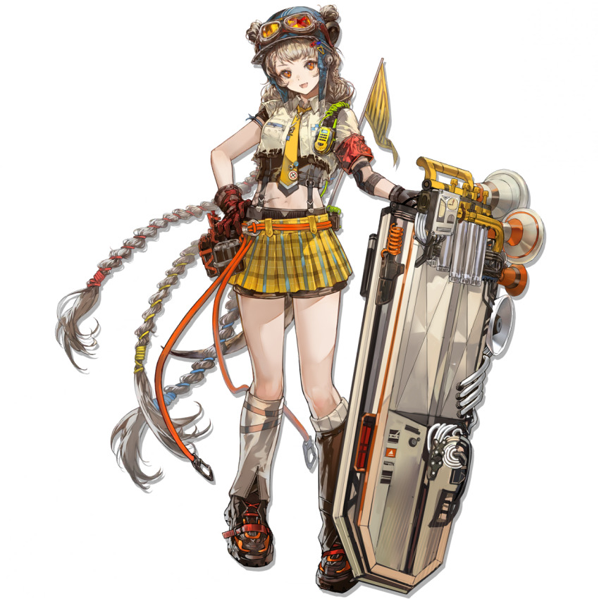 1girl, arknights, arm_strap, armband, artist_request, asymmetrical_gloves, asymmetrical_legwear, asymmetrical_sleeves, aviator_cap, aviator_goggles, badge, belt, belt_pouch, black_boots, black_gloves, black_shorts, blonde_hair, blue_hat, boots, braid, broken_goggles, button_badge, cairn_(arknights), climbing_rope, collared_shirt, cropped_shirt, detached_pants, double_bun, elbow_pads, fangs, flag, full_body, gloves, goggles, goggles_on_headwear, hair_bun, hand_on_own_hip, hat, highres, holding, holding_shield, long_hair, looking_at_viewer, meerkat_ears, meerkat_girl, meerkat_tail, megaphone, miniskirt, mismatched_gloves, mismatched_legwear, multiple_braids, navel, necktie, official_art, open_mouth, orange_belt, orange_eyes, orange_rope, pleated_skirt, pouch, red_armband, red_gloves, ribbed_socks, rope, rope_belt, scar_on_hip, scout_movement, scout_uniform, shield, shirt, shorts, shorts_under_skirt, simple_background, single_elbow_pad, single_sock, skirt, smile, socks, solo, suspender_shorts, suspenders, third-party_source, torn_clothes, torn_shirt, transparent_background, uneven_sleeves, very_long_hair, walkie-talkie, white_shirt, white_socks, yellow_necktie, yellow_skirt