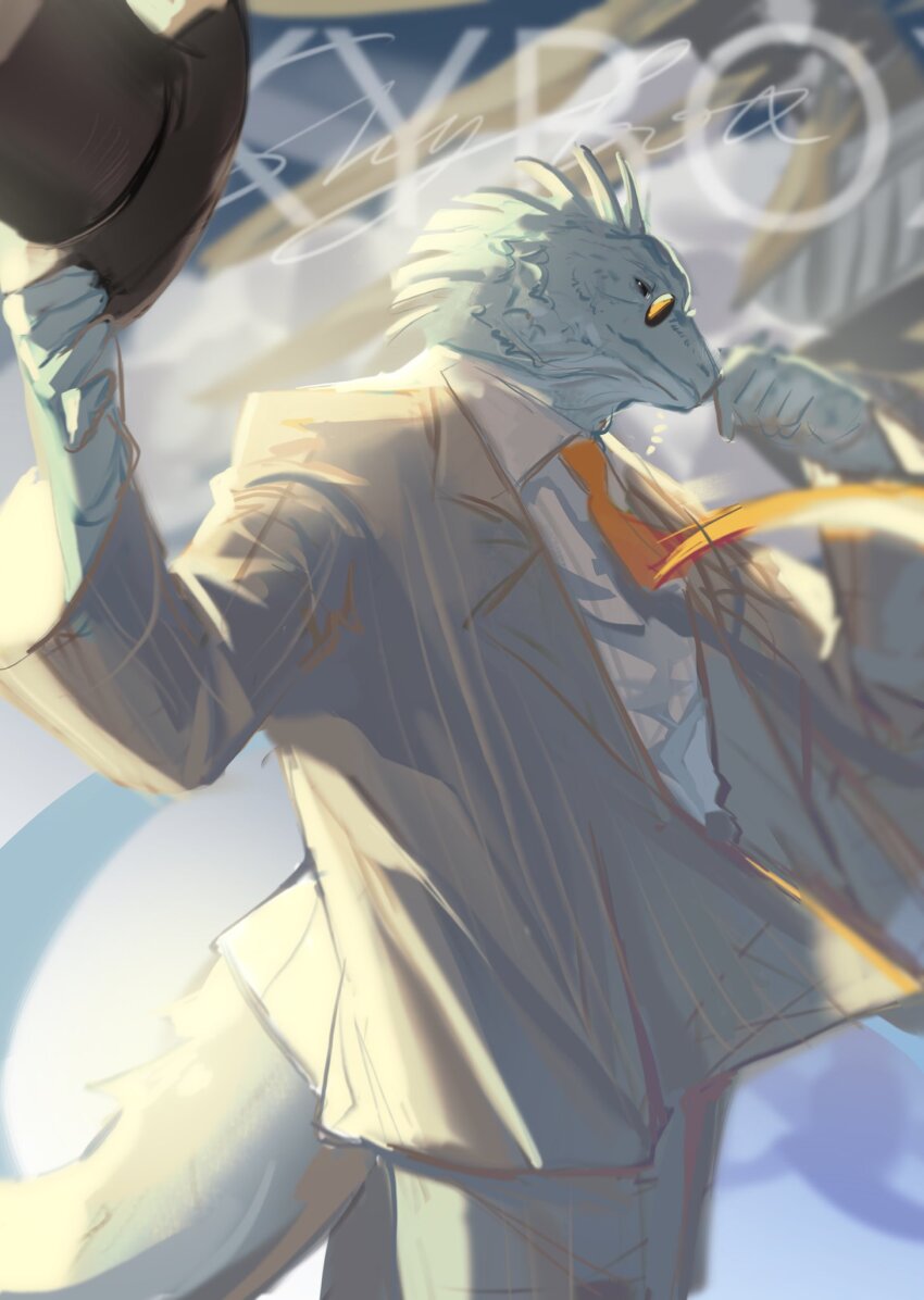 1boy, arknights, brown_hair, character_name, closed_mouth, commentary, english_commentary, formal_clothes