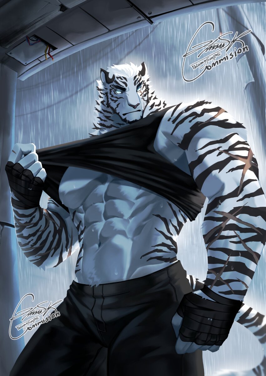 1boy, abs, absurdres, animal_ears, arknights, artist_name, bara, black_pants, black_shirt, black_tank_top, closed_mouth, clothes_lift, commentary, commission, cross_scar, english_commentary, facial_scar, furry, furry_male, highres, looking_at_viewer, male_focus, mountain_(arknights), multiple_scars, muscular, muscular_male, navel, pants, pectorals, rain, scar, scar_across_eye, scar_on_arm, scar_on_cheek, scar_on_face, scar_on_shoulder, shirt, shirt_lift, signature, sk_akamissterh, sleeveless, sleeveless_shirt, tail, tank_top, tiger_boy, tiger_ears, tiger_stripes, tiger_tail, wet