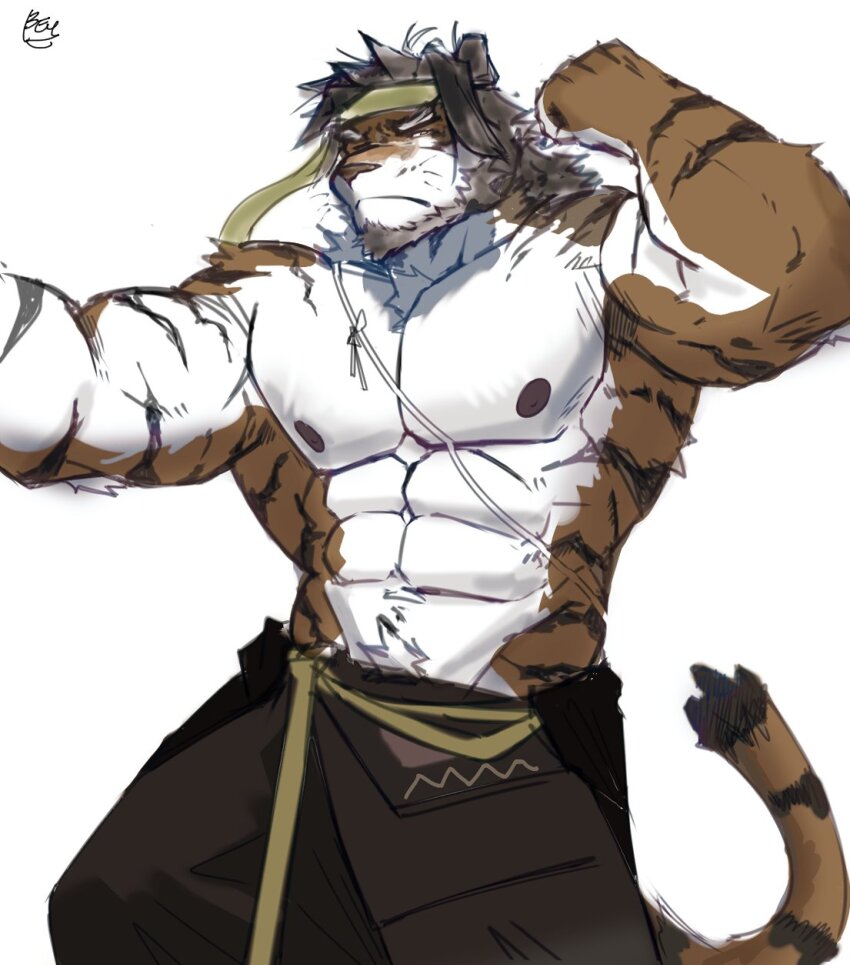 1boy, abs, animal_ears, arknights, bara, bey293821, closed_mouth, commentary, english_commentary, furry, furry_male, headband, highres, huai_tianpei_(arknights), looking_at_viewer, male_focus, muscular, muscular_male, nipples, pectorals, signature, tail, tiger_boy, tiger_ears, tiger_stripes, tiger_tail, topless_male, white_background, yellow_headband