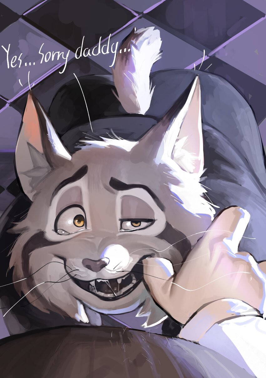 2boys, 9x8bit, absurdres, animal_ears, cat_boy, cat_ears, cat_tail, checkered_floor, commentary, english_commentary, english_text, fangs, finger_in_another's_mouth, furry, furry_male, half-closed_eye, highres, kneeling, looking_at_viewer, looking_up, male_focus, milton_lynxley, multiple_boys, open_mouth, pawbert_lynxley, tail, tearing_up, whiskers, zootopia