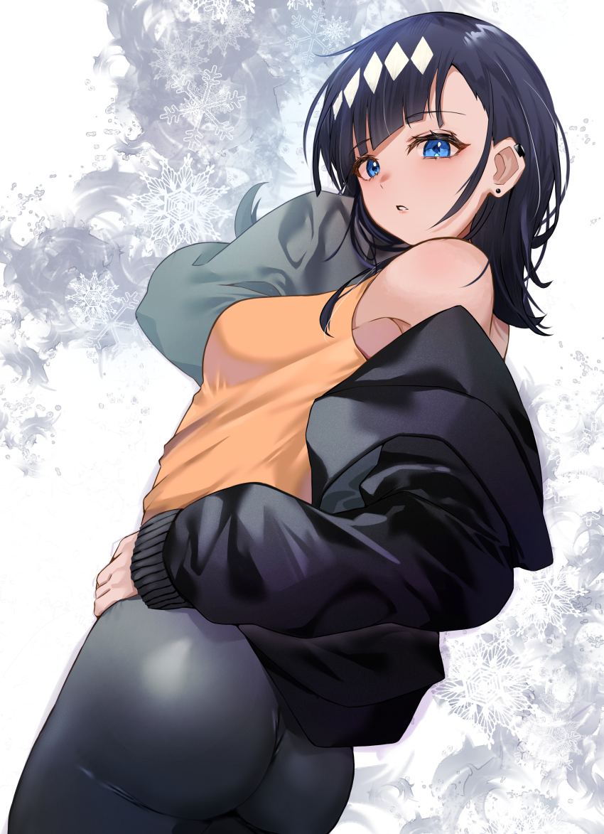 1girl, absurdres, black_hair, black_jacket, black_pants, blue_eyes, bureoeve, diagonal_bangs, dutch_angle, earclip, earrings, from_behind, hand_in_own_hair, hand_on_own_hip, highres, jacket, jewelry, long_sleeves, looking_at_viewer, looking_back, medalist_(manga), medium_hair, off_shoulder, okazaki_iruka, open_clothes, open_jacket, pants, parted_lips, shirt, skin_tight, sleeveless, sleeveless_shirt, solo, standing, stud_earrings, yellow_shirt