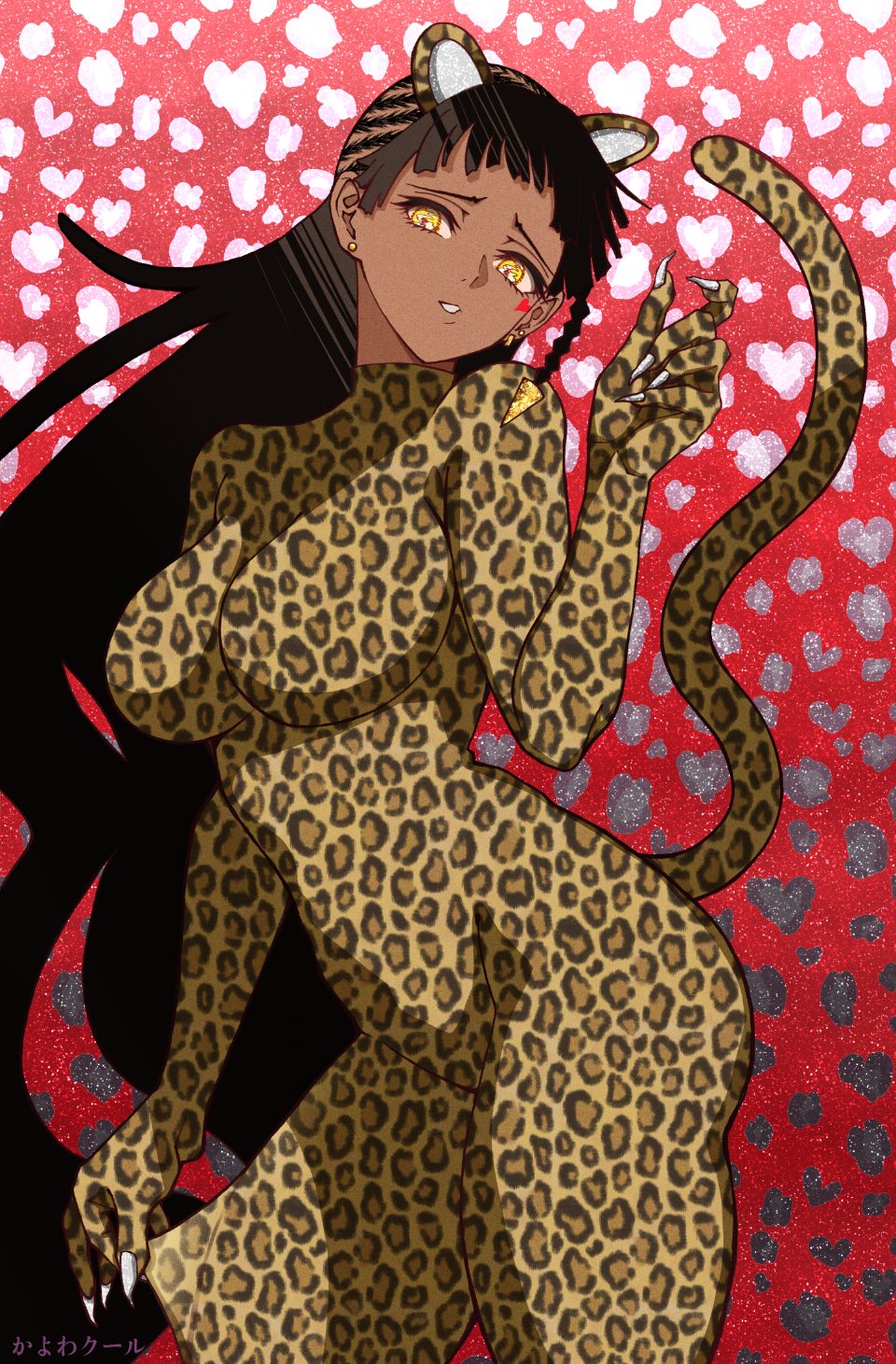 1girl, afro_puffs, animal_print, black_hair, breasts, dark-skinned_female, dark_skin, desscaras