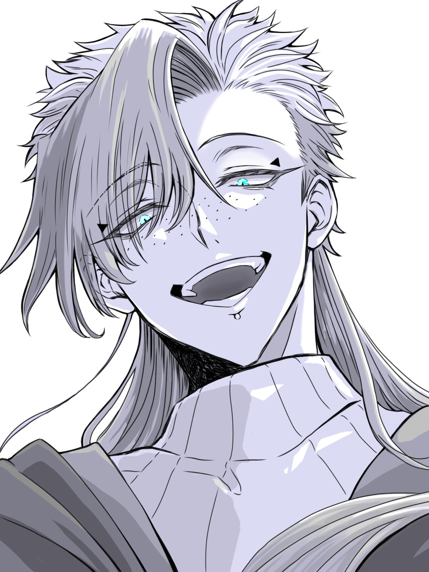 1boy, :o, blue_eyes, freckles, gokuraku_(madan_no_ichi), hair_over_one_eye, highres, kaichi_(pixiv98011061)