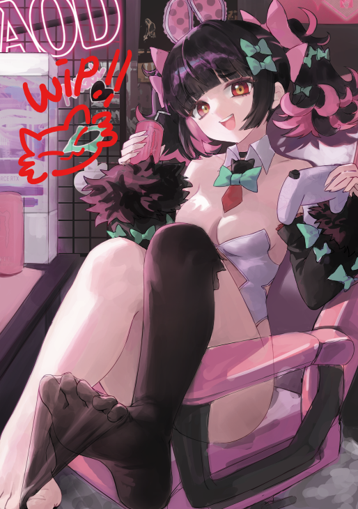 1girl, animal_ear_hairband, animal_ears, bare_shoulders, black_hair, black_sleeves, bow, breasts