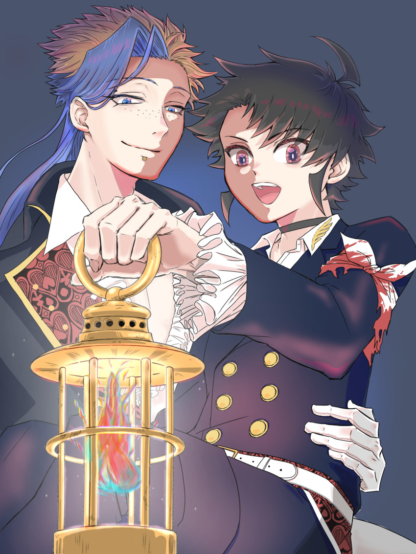 2boys, :d, ahoge, belt, black_choker, black_hair, bleeding, blonde_hair