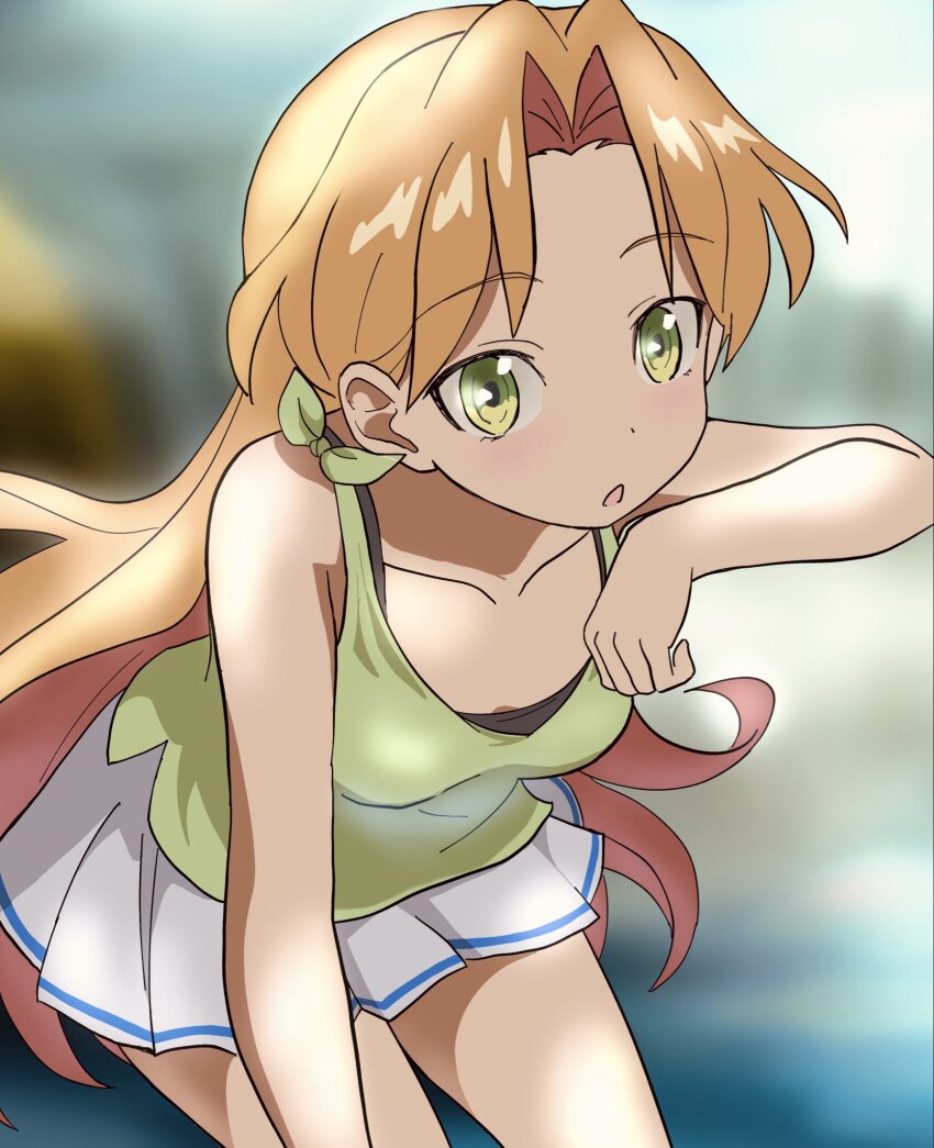 1girl, black_bow, blonde_hair, blurry, blurry_background, bow, bra, collarbone