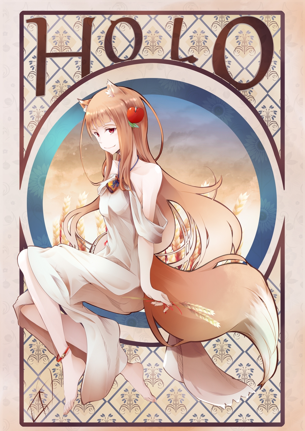 1girl, animal_ear_fluff, animal_ears, apple, armpit_crease, bare_shoulders, barefoot, breasts