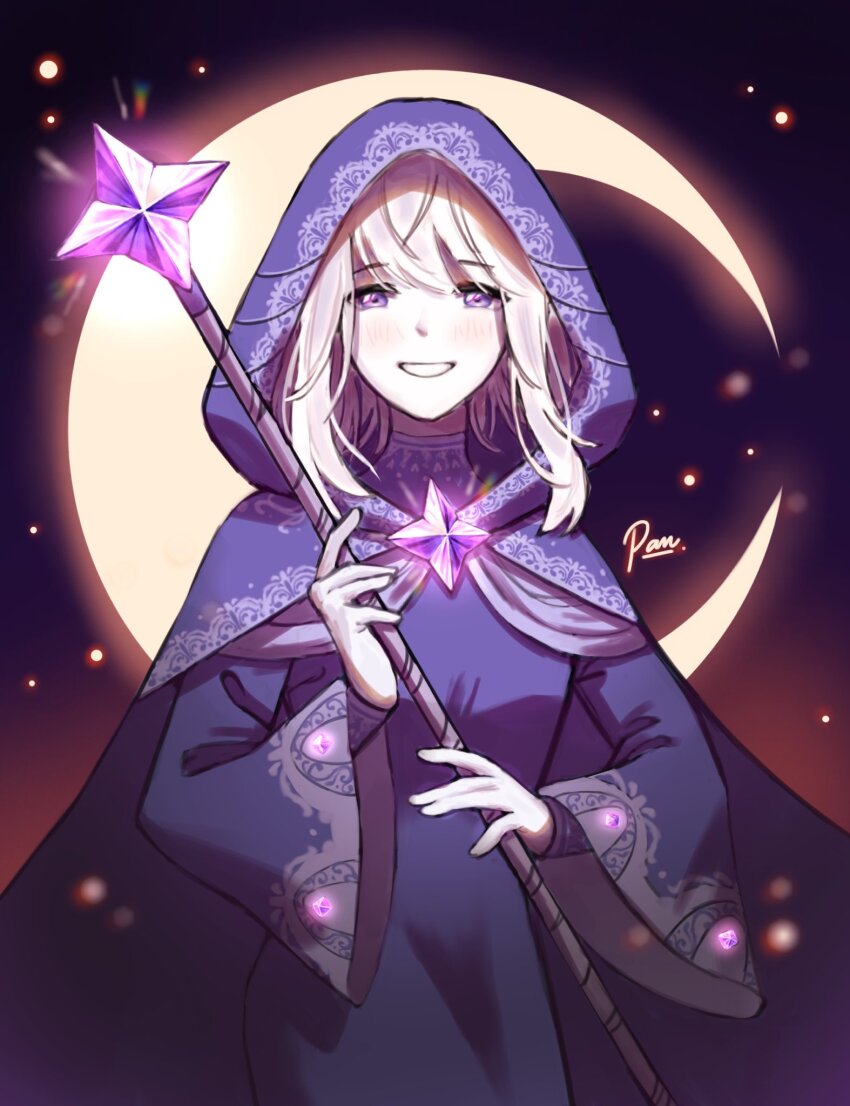 1girl, artist_name, blessing_of_the_welkin_moon, blue_cloak, blue_dress, blurry, blurry_background, blush