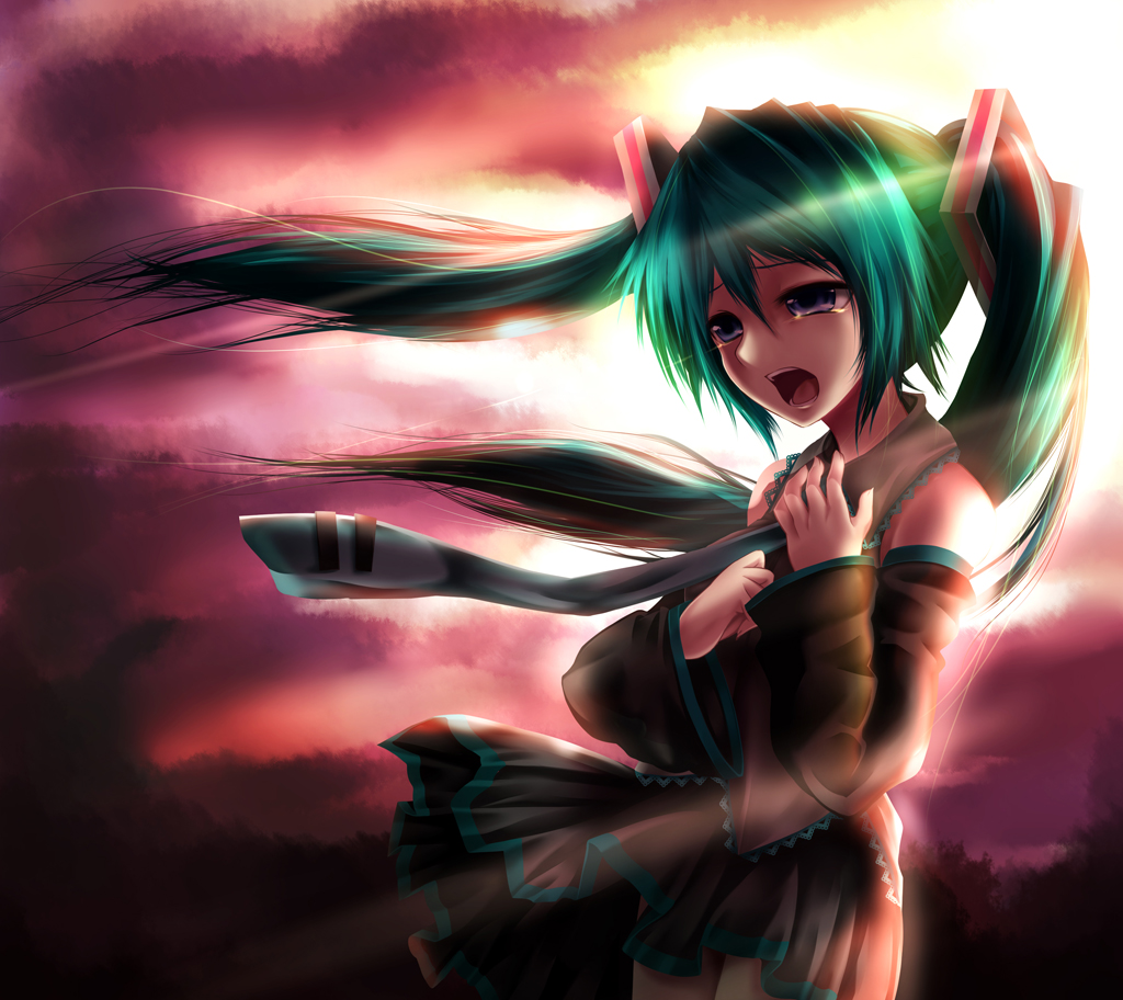 1girl, aqua_hair, black_skirt, blue_eyes, detached_sleeves, female_focus, gradient_background, hatsune_miku