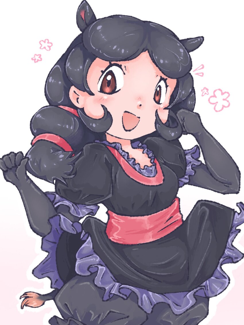 1girl, animal_ears, black_dress, black_hair, bloomers, brown_eyes, dress, flower, frilled_dress, frilled_sleeves, frills, hair_tie, happy, highres, hippopotamus_ears, kemono_friends, looking_at_viewer, open_mouth, purple_hippo, pygmy_hippopotamus_(kemono_friends), self-upload, simple_background, solo, tail, underwear, waistband