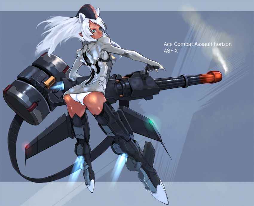 1girl, ace_combat, ace_combat_assault_horizon, ammunition_chute, animal_ears, arched_back, asf-x_shinden_ii, ass