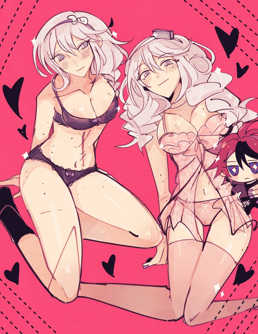 2girls, absurdres, black_bra, black_hairband, black_panties, blue_eyes, bra, braid, breasts, bright_pupils, character_doll, cleavage, commentary, doll, english_commentary, grey_eyes, grey_hair, hairband, heart, highres, holding, holding_stuffed_toy, kashimiya_karua, kirifuji_nozomi, long_hair, looking_at_viewer, medium_breasts, multicolored_hair, multiple_girls, navel, panties, pink_bra, pink_panties, pink_thighhighs, purple_nails, red_background, red_hair, scar, scar_on_stomach, short_hair, star-shaped_pupils, star_(symbol), streaked_hair, stuffed_animal, stuffed_toy, sumino_takumi, symbol-shaped_pupils, takueitaku, the_hundred_line_-last_defense_academy-, thighhighs, underwear, white_hairband, white_pupils
