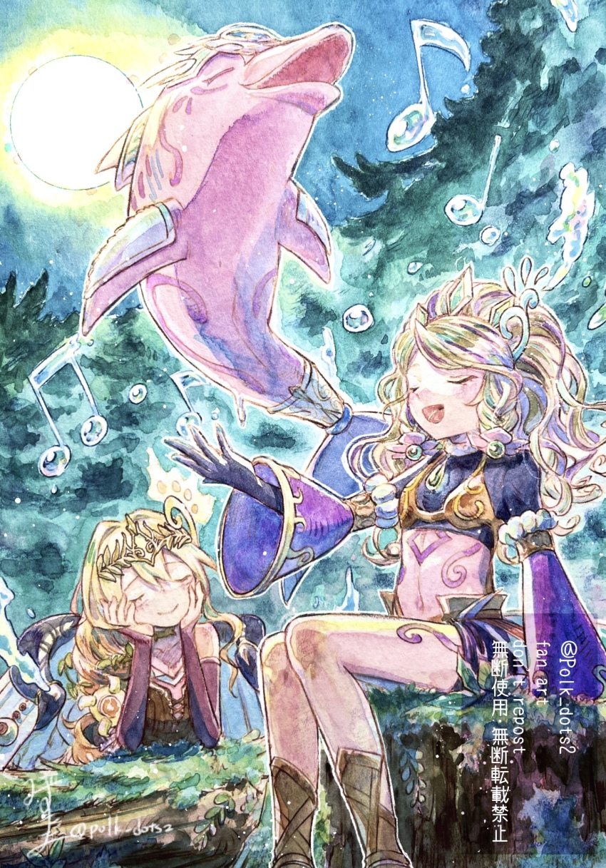 2girls, blonde_hair, breasts, closed_eyes, crop_top, dolphin, duel_monster, full_moon, hair_ornament, hands_on_own_face, highres, mizutama_(mizutamalion), moon, multiple_girls, music, musical_note, navel, on_tree_stump, open_mouth, ritual_beast_tamer_lara, ritual_beast_tamer_wen, ritual_beast_tamer_zefrawendi, singing, sitting, smile, spiritual_beast_tamer_lara, tagme, twitter_username, yu-gi-oh!
