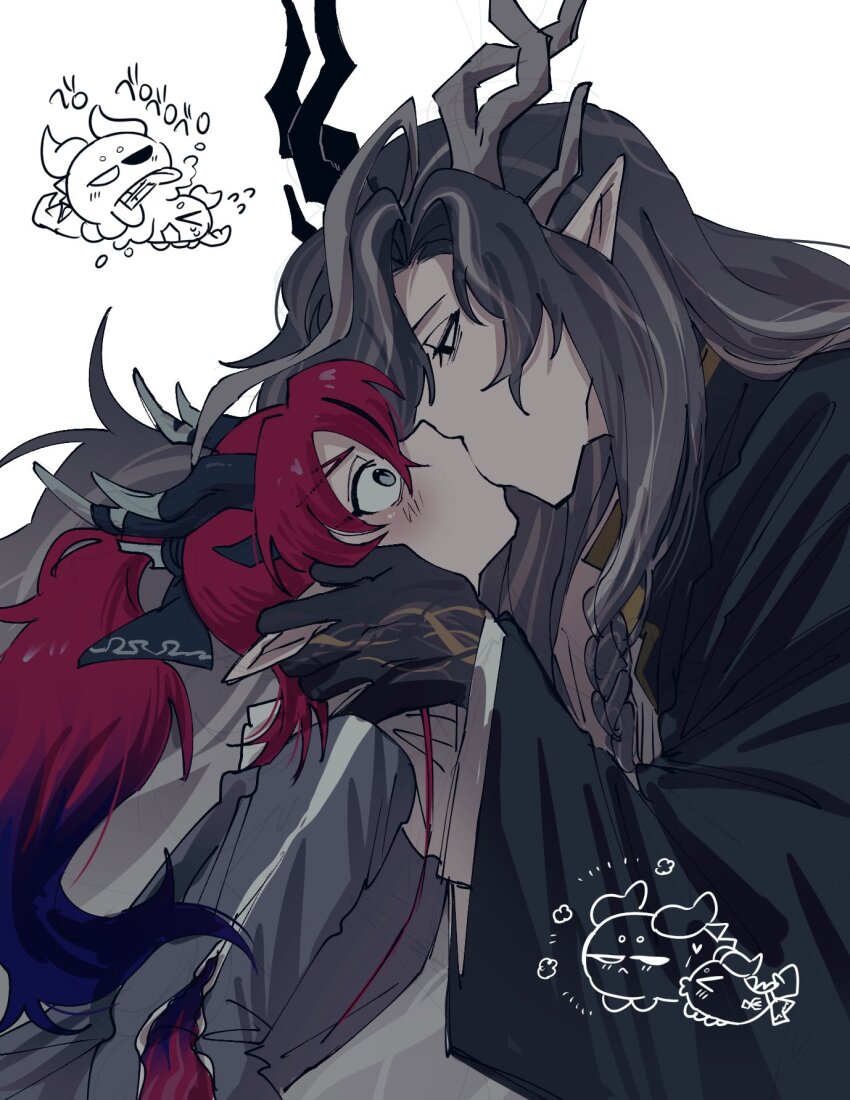 2boys, antlers, arknights, black_jacket, blush, braid, brothers, commentary