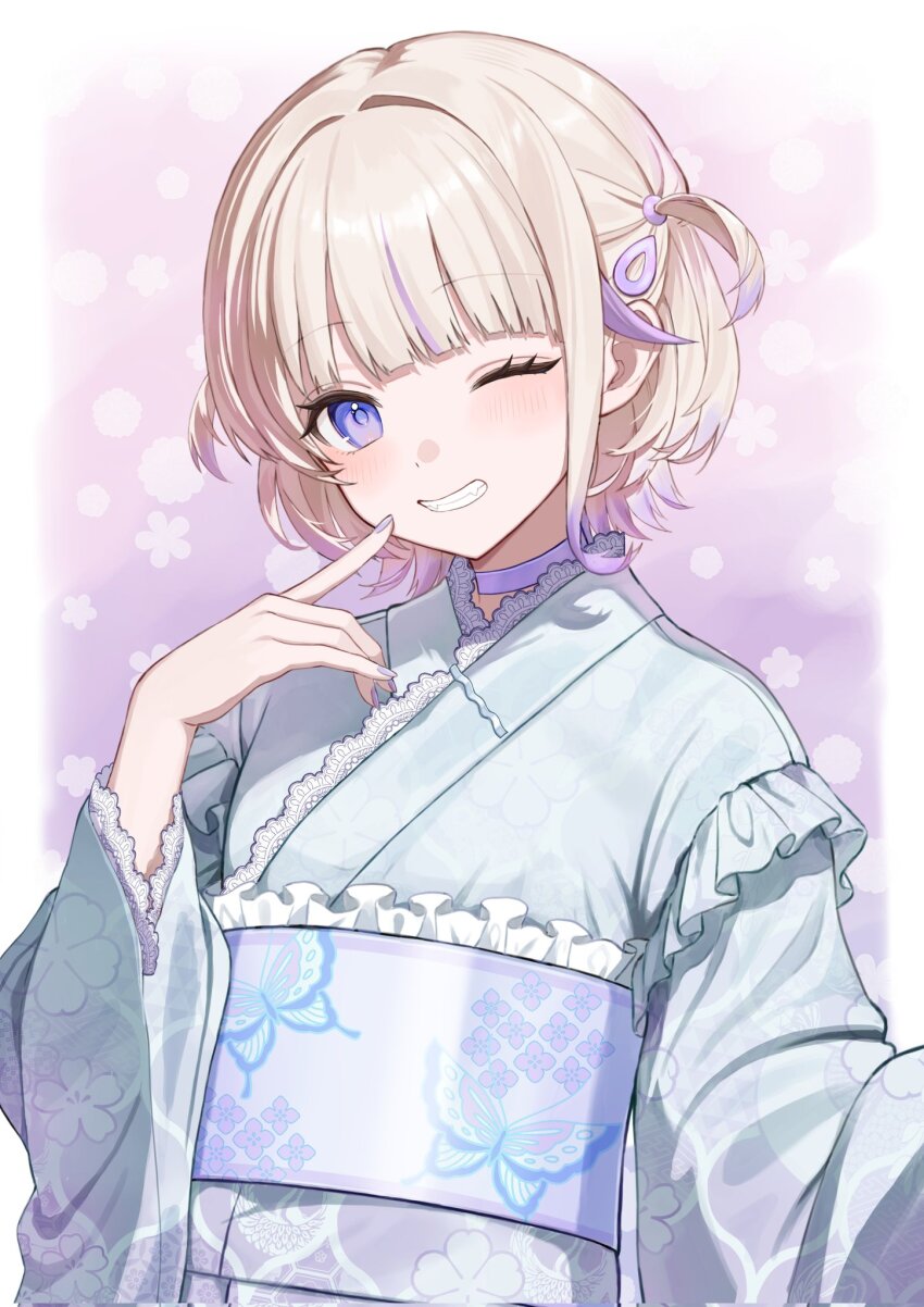 1girl, blonde_hair, blue_kimono, butterfly_print_kimono, choker, clenched_teeth, frilled_kimono, frills