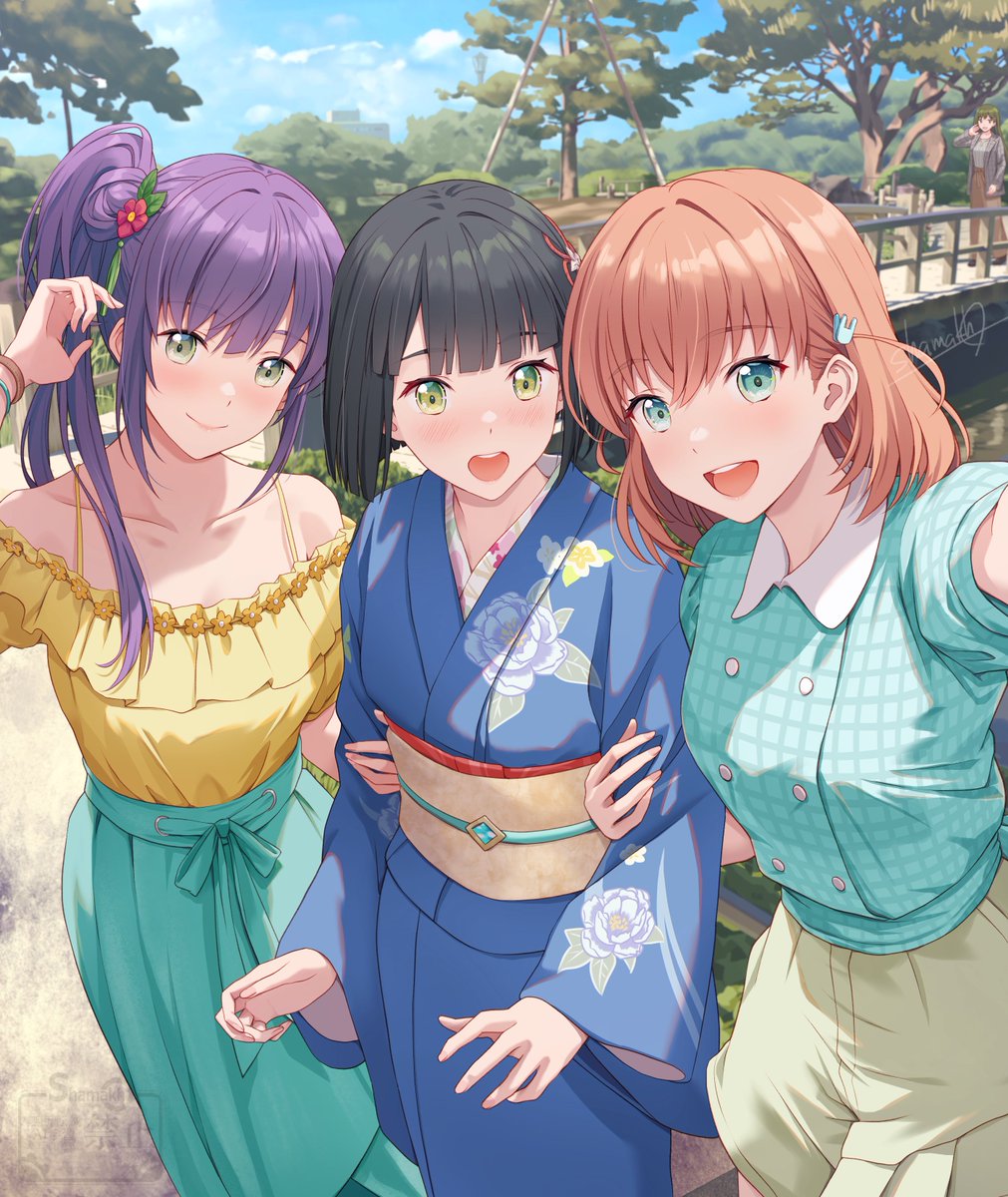 4girls, aqua_skirt, bare_shoulders, black_hair, blue_kimono, blue_shirt, blue_skirt, blue_sky, blunt_bangs, blunt_ends, blush, breasts, brown_pants, brown_sash, buttons, center-flap_bangs, closed_mouth, cloud, collarbone, collared_shirt, commentary_request, crossed_bangs, day, double-breasted, floral_print, floral_print_kimono, flower, frilled_shirt, frills, green_eyes, green_hair, green_skirt, hair_bun, hair_flower, hair_ornament, highres, hinoshita_kaho, hinoshita_kaho_(summer_casual), jacket, japanese_clothes, kimono, link!_like!_love_live!, long_hair, long_sleeves, looking_at_viewer, love_live!, medium_breasts, medium_hair, momose_ginko, momose_ginko_(summer_casual), multiple_girls, off-shoulder_shirt, off_shoulder, official_alternate_costume, ogami_sachi, ogami_sachi_(post-graduation), open_mouth, orange_hair, otomune_kozue, otomune_kozue_(summer_casual), outdoors, pants, print_kimono, puffy_short_sleeves, puffy_sleeves, rabbit_hair_ornament, sash, shamakho, shirt, short_hair, short_sleeves, shorts, side_ponytail, sidelocks, single_side_bun, skirt, sky, smile, tassel, tassel_hair_ornament, tree, two_side_up, virtual_youtuber, yellow_sash, yellow_shirt