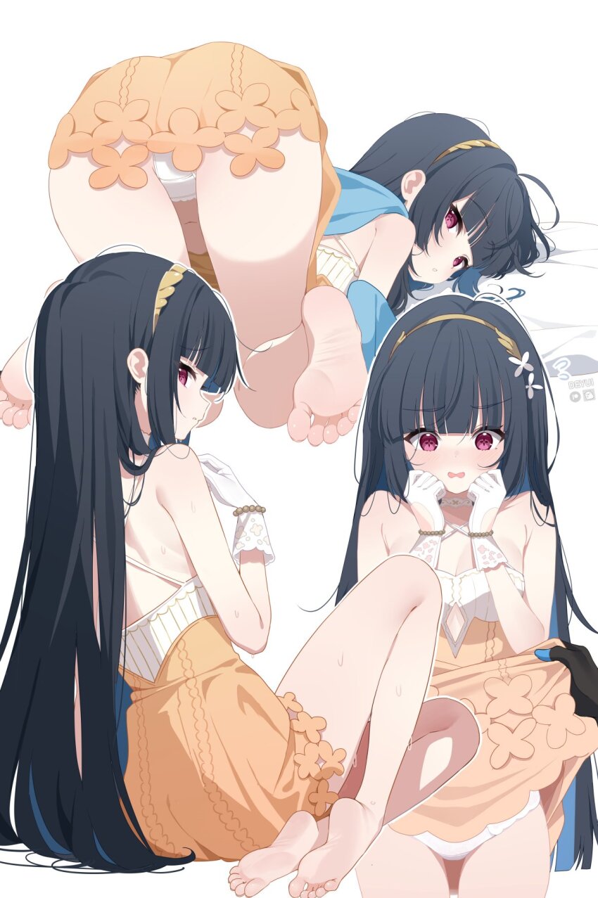 2girls, ass, barefoot, black_hair, blue_hair, blue_scarf, blush, breasts