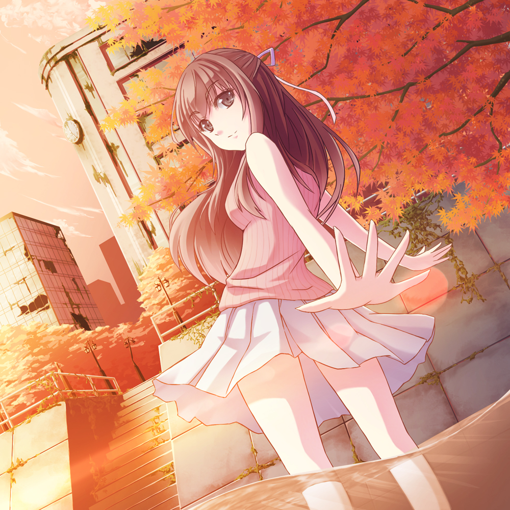 1girl, autumn, autumn_leaves, bad_id, bad_pixiv_id, bare_shoulders, black_eyes, black_hair