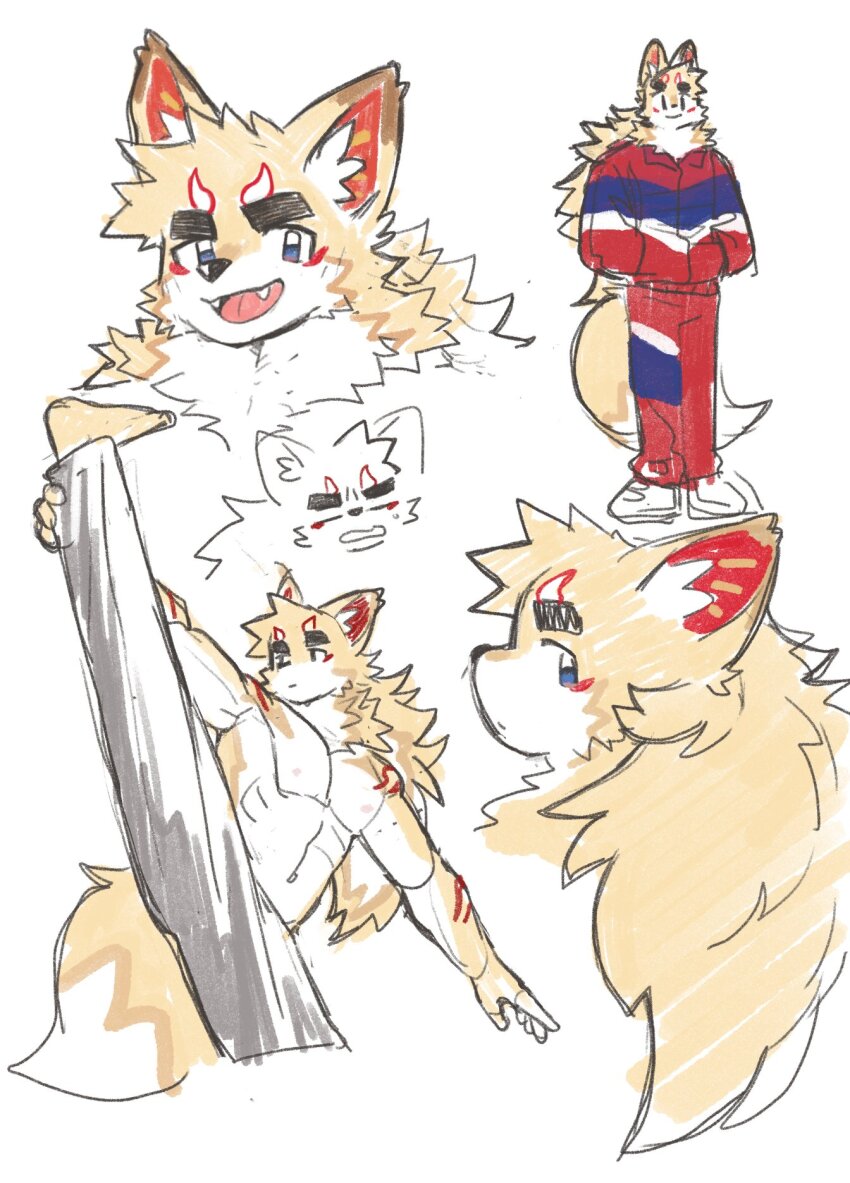 1boy, abs, animal_ears, bara, closed_mouth, commentary, doodle_inset, fangs