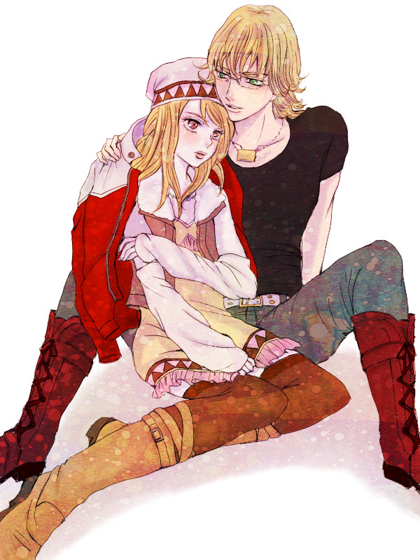 10s, 1boy, 1girl, bare_shoulders, barnaby_brooks_jr., beanie, belt, blonde_hair
