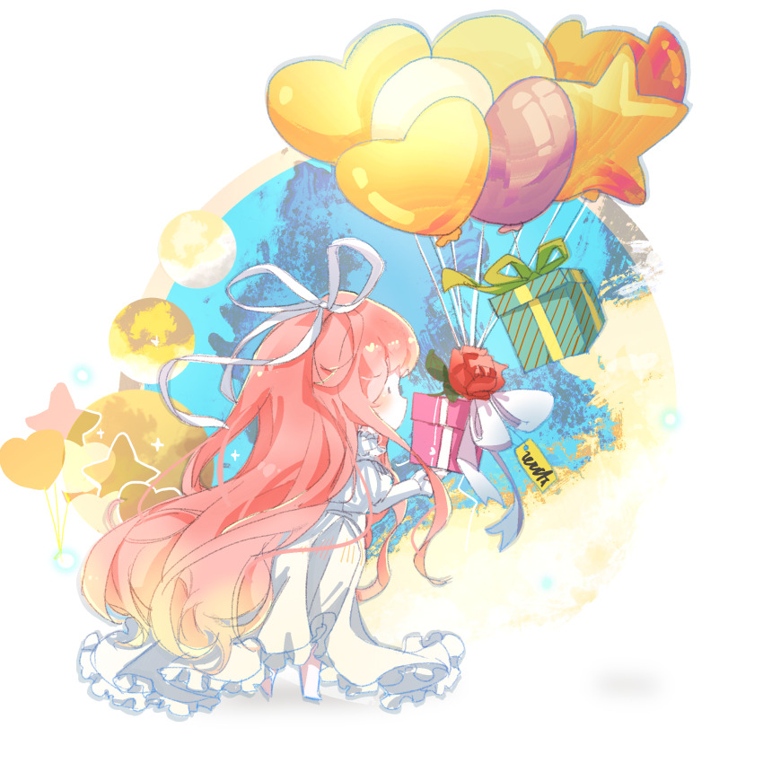 1girl, absurdly_long_hair, balloon, barefoot, birthday, blue_sky, chibi, collared_dress
