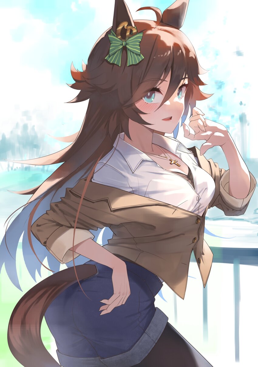 absurdres, ahoge, animal_ears, belt, bow, breasts, brown_belt, brown_hair