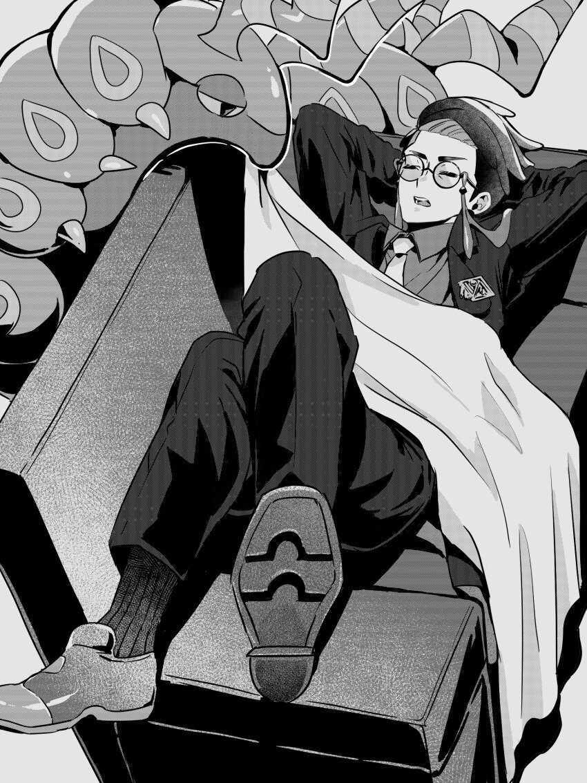 1boy, absurdres, arms_behind_head, blanket, closed_eyes, collared_shirt, corbeau_(pokemon), couch, crossed_legs, eyewear_strap, gen_5_pokemon, glasses, greyscale, highres, jacket, long_sleeves, lying, male_focus, monochrome, necktie, nekokawai1ii7, nintendo, on_back, open_mouth, pants, pokemon, pokemon_(creature), pokemon_legends:_z-a, round_eyewear, scolipede, shirt, shoes, simple_background, socks