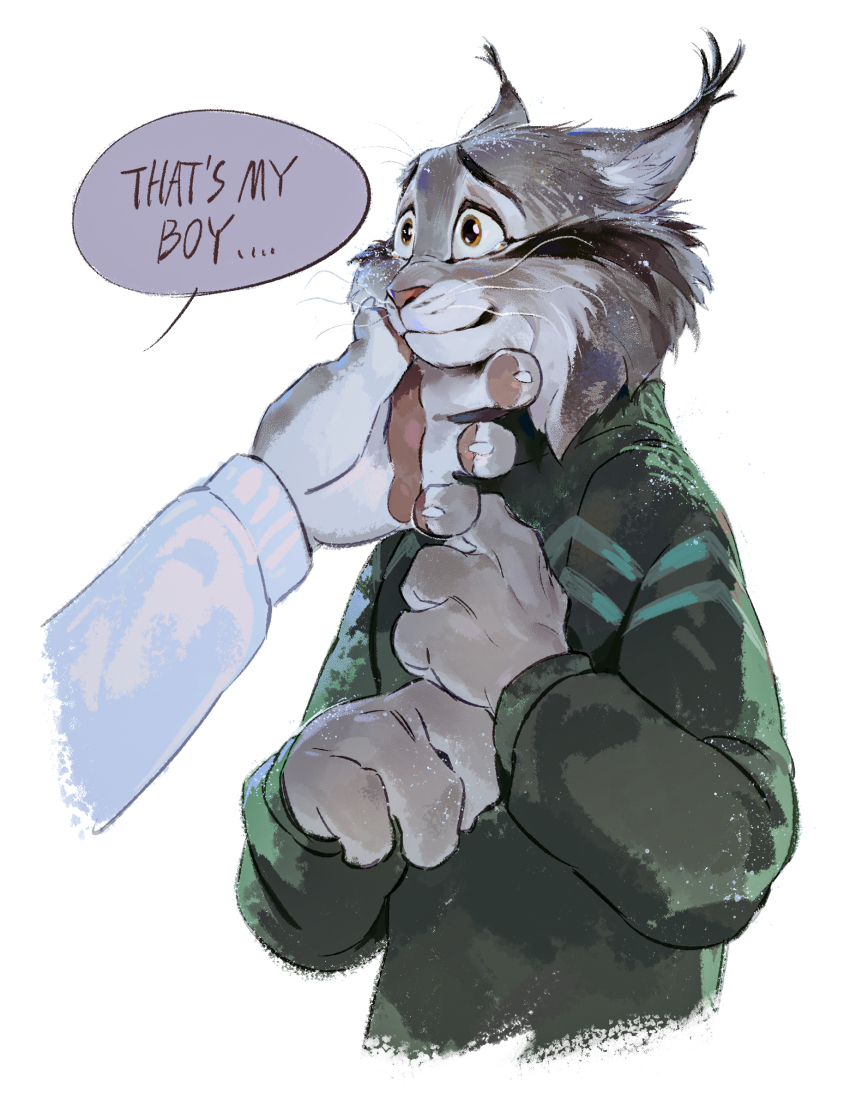 1boy, animal_ears, cat_boy, cat_ears, claws, closed_mouth, commentary, english_commentary, english_text, furry, furry_male, green_sweater, hand_on_another's_chin, highres, luoluokun517, male_focus, milton_lynxley, pawbert_lynxley, pawpads, shirt, smile, speech_bubble, sweater, tearing_up, upper_body, whiskers, white_background, white_shirt, zootopia