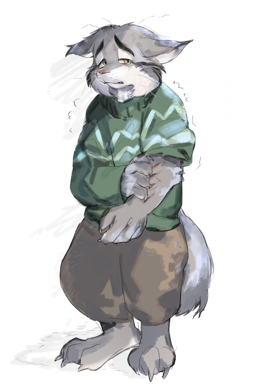 1boy, absurdres, animal_ears, barefoot, brown_pants, cat_boy, cat_ears, cat_tail