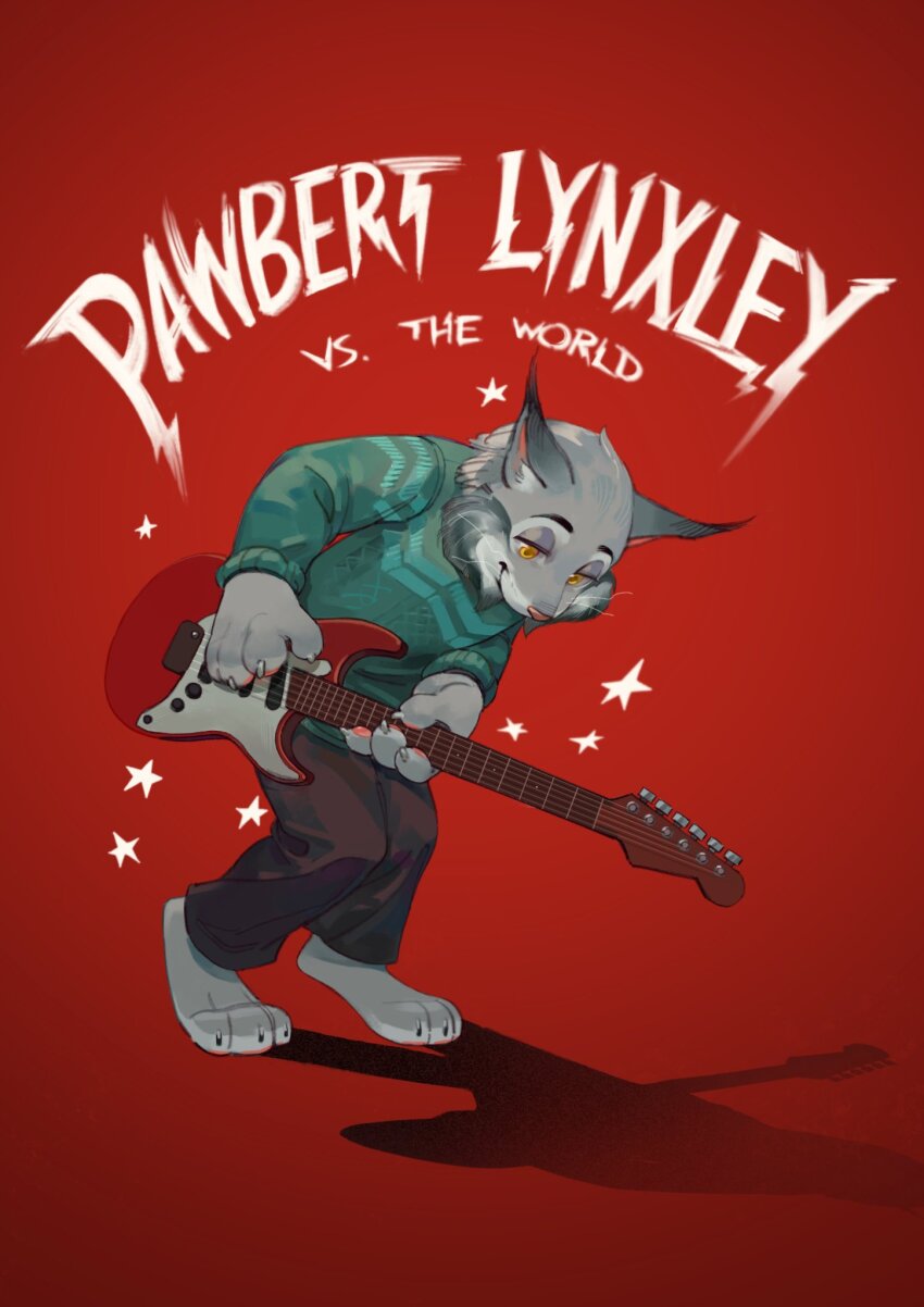 1boy, animal_ears, barefoot, bass_guitar, brown_pants, cat_boy, cat_ears, character_request, claws, closed_mouth, commentary, derivative_work, english_commentary, furry, furry_male, green_sweater, highres, holding, holding_bass_guitar, holding_instrument, instrument, male_focus, pants, pawbert_lynxley, pawpads, red_background, scott_pilgrim_(series), scott_pilgrim_vs_the_world_(movie), smile, star_(symbol), sweater, treblack_xwx, whiskers, zootopia