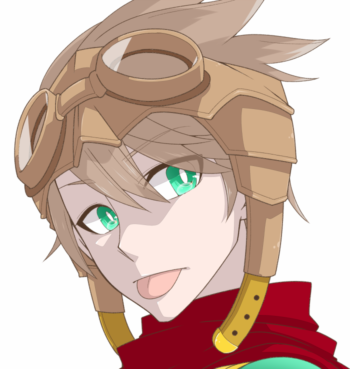 1boy, bright_pupils, brown_hair, closed_mouth, commentary_request, goggles, goggles_on_head, green_eyes, iyofika, looking_at_viewer, male_focus, portrait, ragnarok_online, ranger_(ragnarok_online), red_scarf, scarf, short_hair, simple_background, solo, tongue, tongue_out, white_background, white_pupils