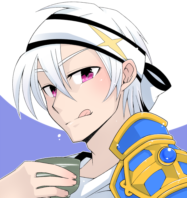 1boy, :q, armor, blue_background, blush, commentary_request, cup, hair_between_eyes