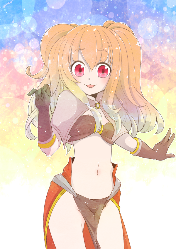 1girl, bikini, bikini_top_only, blonde_hair, blue_background, blurry, blush, bokeh, breasts, brown_bikini, brown_capelet, brown_gloves, capelet, commentary_request, cowboy_shot, depth_of_field, gloves, iyofika, long_hair, looking_at_viewer, mage_(ragnarok_online), midriff, navel, open_mouth, pelvic_curtain, pink_background, ragnarok_online, ragnarok_origin, red_eyes, red_skirt, showgirl_skirt, skirt, small_breasts, smile, solo, swimsuit, twintails, yellow_background