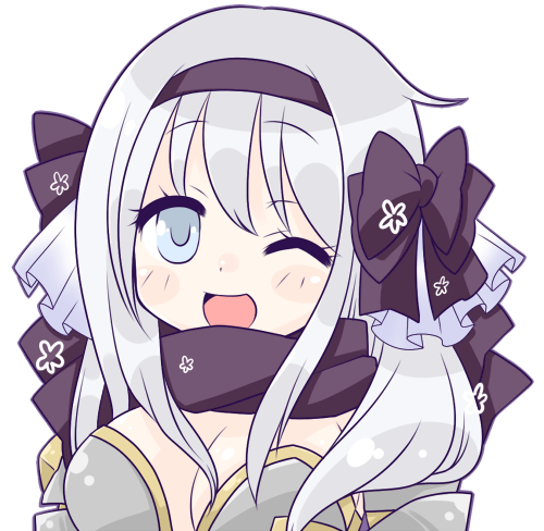 1girl, armor, blue_eyes, blush, bow, breasts, cleavage, commentary_request