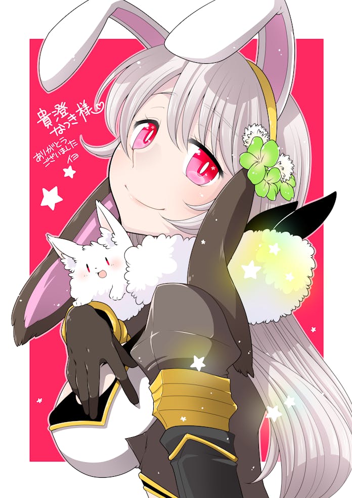 1girl, animal, animal_around_neck, animal_ears, blush, breasts, closed_mouth, clover_hair_ornament, coat, commentary_request, commission, fake_animal_ears, four-leaf_clover_hair_ornament, from_side, gloves, grey_coat, grey_gloves, grey_hair, hair_ornament, head_tilt, iyofika, large_breasts, long_hair, long_sleeves, looking_at_viewer, looking_to_the_side, pink_eyes, rabbit, rabbit_ears, rabbit_girl, ragnarok_online, red_background, shirt, skeb_commission, smile, solo, two-tone_background, upper_body, warlock_(ragnarok_online), white_shirt