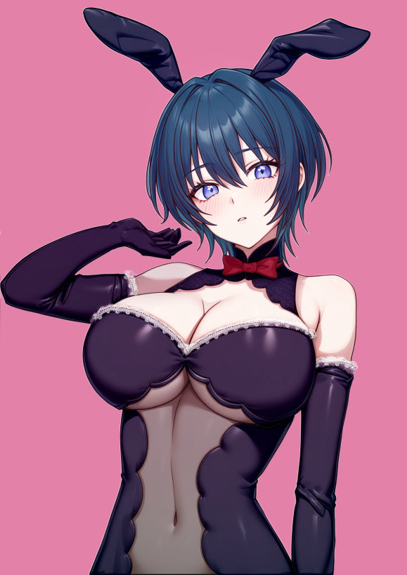 1girl, alternate_costume, animal_ears, bare_shoulders, black_gloves, blue_eyes, bodystocking, breasts