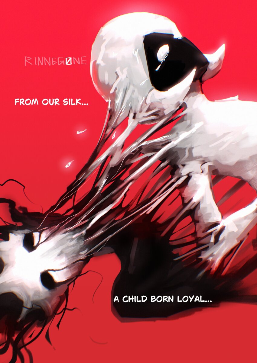 1girl, 1other, absurdres, arthropod_girl, black_skin, colored_skin, english_text, highres, hollow_eyes, hollow_knight, hollow_knight:_silksong, lace_(hollow_knight), mask, phantom_(hollow_knight), red_background, rinneg0ne_art, tears, white_eyes, white_mask, white_skin