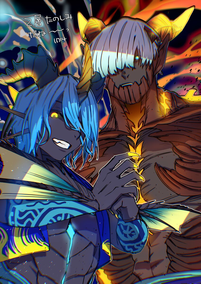 2boys, absurdres, aqua_eyes, blue_hair, colored_skin, commentary_request, deep_blue_(ff14), final_fantasy