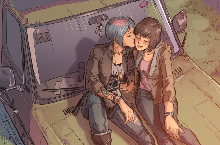 2girls, afterlaughs, blue_hair, blue_pants, brown_hair, brown_jacket, car, chloe_price
