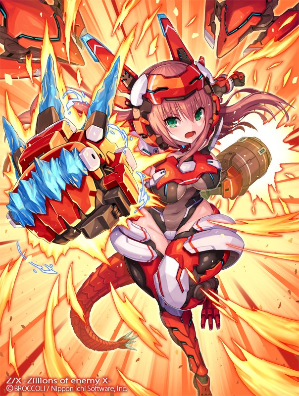 1girl, armor, black_leotard, breasts, brown_hair, copyright_notice, covered_navel, fire