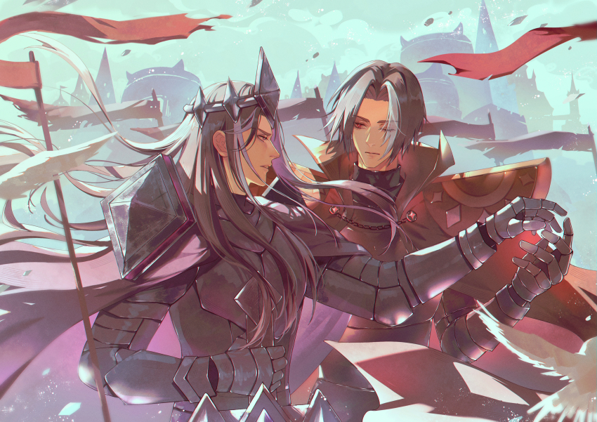 2boys, ;|, absurdres, armor, bird, black_armor, black_cape, black_hair