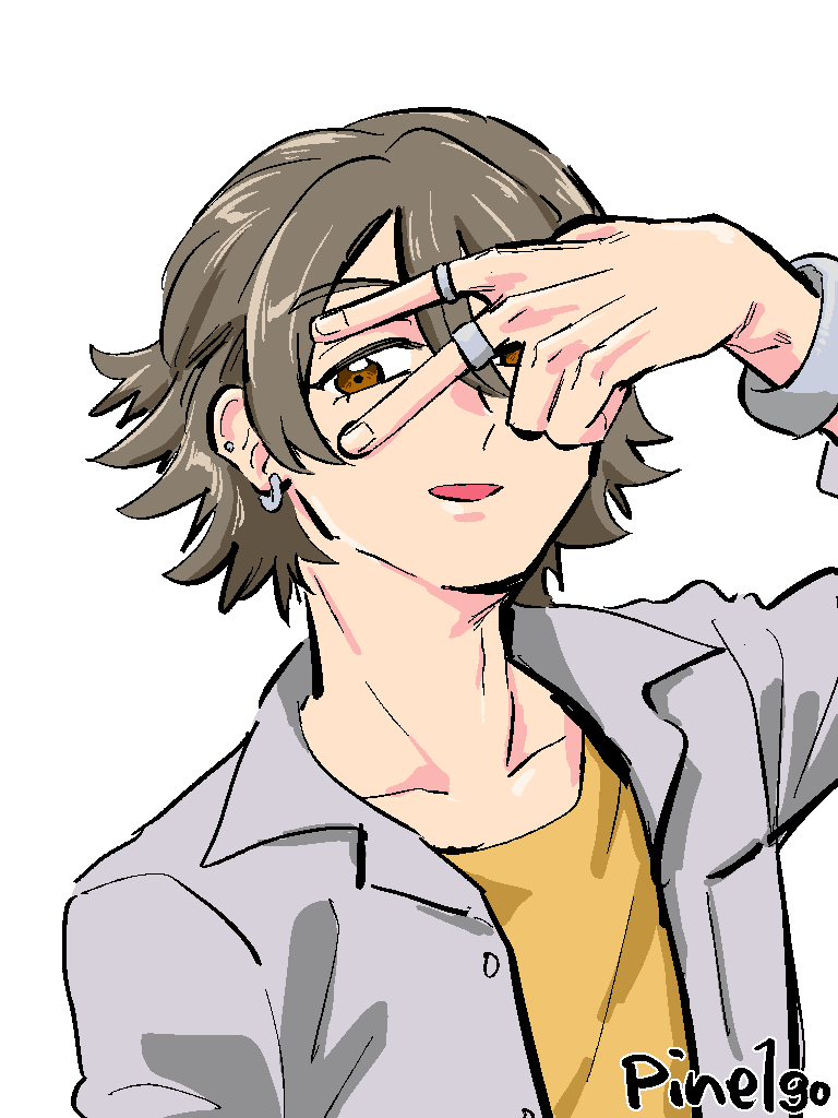 1boy, brown_eyes, brown_hair, collarbone, earrings, hair_between_eyes, half_updo, hand_on_own_face