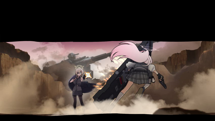 2girls, ahoge, ammunition, ballistic_shield, black_coat, black_gloves, blue_archive, breasts