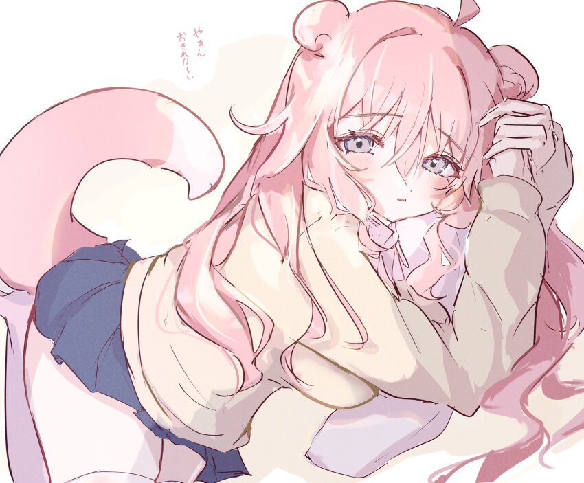 1girl, ahoge, blue_skirt, borrowed_design, breasts, collared_shirt, commentary, cowboy_shot