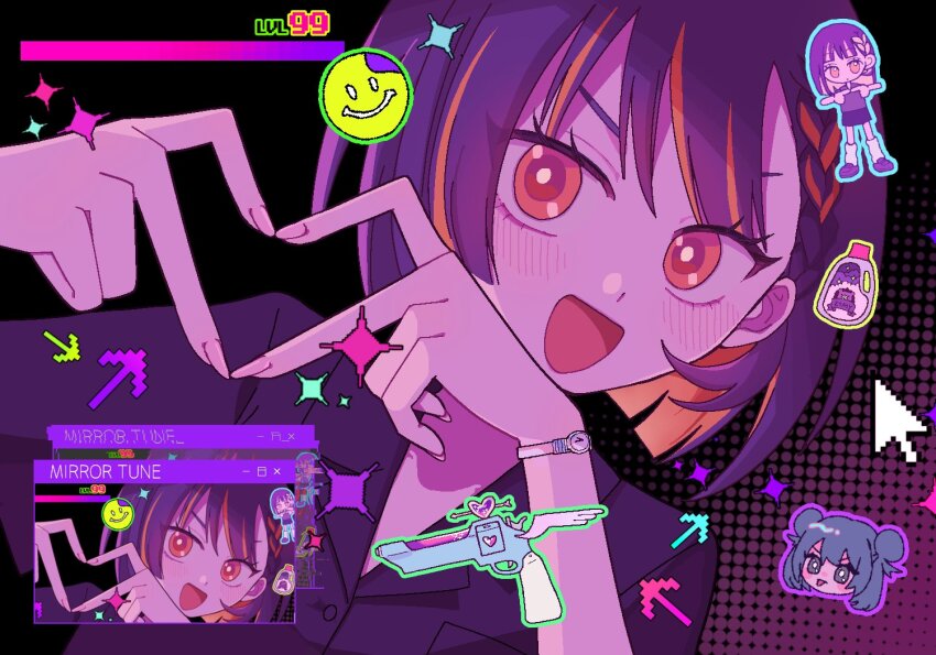 2girls, :p, arrow_(symbol), ben-day_dots, blue_hair, blunt_bangs, chibi, chibi_inset, choucho_(myon/tokipi), colored_inner_hair, cursor, cute_weapon, eyes_visible_through_hair, fingernails, four-finger_heart_hands, grey_shirt, gun, heart, heart_hands, iworuru, mirror_tune_(zutomayo), multicolored_hair, multiple_girls, nira-chan, nira-chan_(mirror_tune)_(zutomayo), open_mouth, orange_eyes, orange_hair, purple_hair, screentones, shirt, short_hair, smiley_face, solo_focus, song_name, streaked_hair, tongue, tongue_out, v-shaped_eyebrows, watch, weapon, window_(computing), wristwatch, zutto_mayonaka_de_ii_no_ni